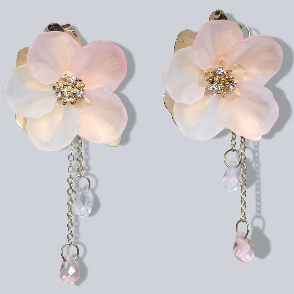 Blush Pink Frosted Flower Dangle Earrings | Gold Tone Cherry Blossom Floral Drop - Picture 3 of 6